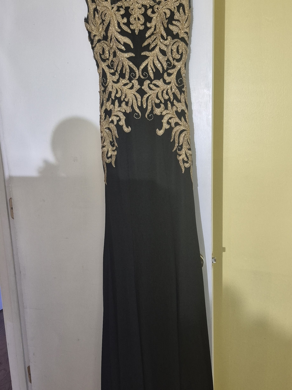 Elegant Black Prom Gown with Gold Embroidered Bodice
